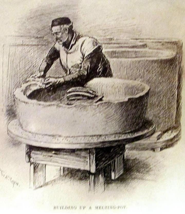 He is making a clay crucible for the glass making factory. One of the most important jobs at the factory. If they didn't get all the air pockets out it could blow up the furnace and often did. 