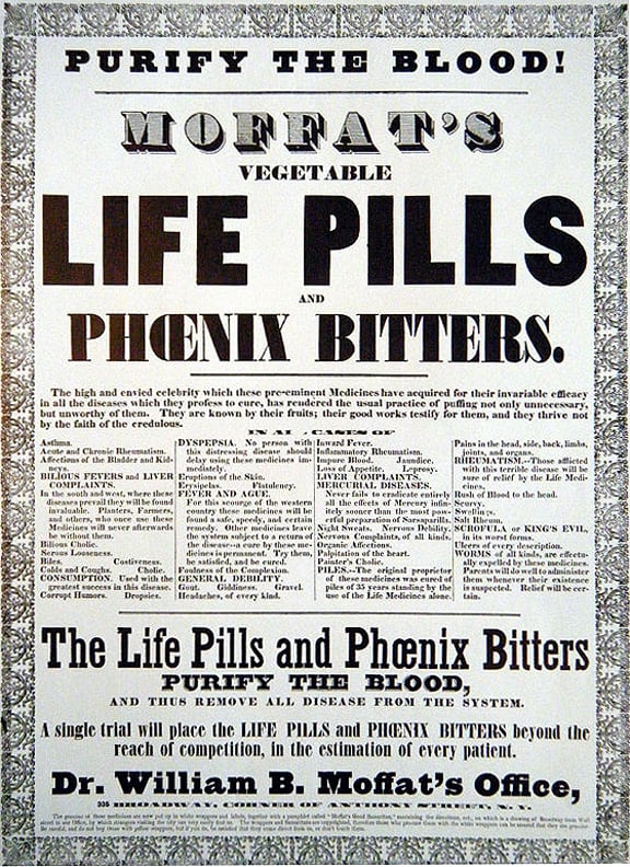 This is a reproduction of an 1860 Cure-all advertisement poster. 