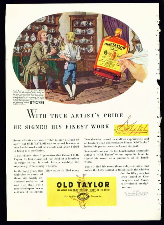 Old Taylor Bourbon Whiskey Advertisement with Paul Revere (1935)
