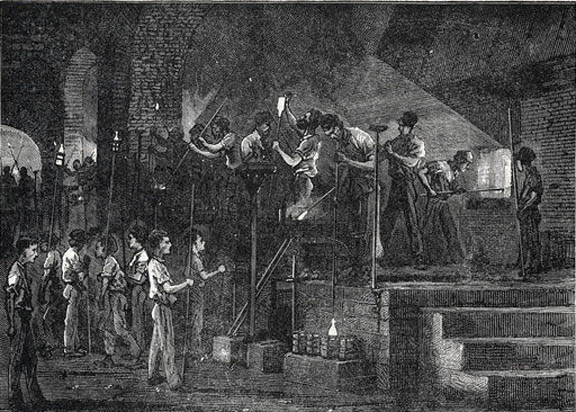 Glass bottle production. Historical artwork of children working alongside adults in a glass bottle factory. The glass is heated by the furnace (right) until it is molten, then the hot glowing glass is blown and moulded (centre right) into a bottle. Image taken from Grands Hommes et Grands Faits de l'Industrie (Great Men and Great Facts of Industry), France, circa 1880.