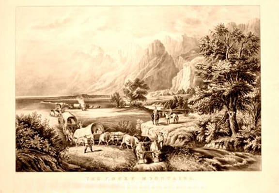 The Rocky Mountains, emigrants crossing the plains, Fanny Palmer, Currier and Ives, 1886-500