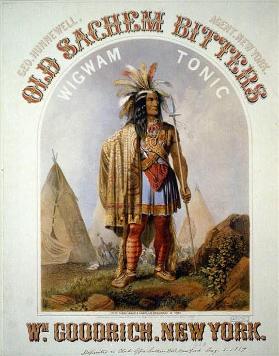 Old Sachem Bitters and Wigwam Tonic - Wm. Goodrich, New York Geo. Hunnewell, agent, New York lithograph of Sarony, Major & Knapp, 449 Broadway, N. York.Sarony, Major & Knapp Lith., New York, Sarony, Major & Knapp, 449 Broadway, circa 1859. Print showing a Native American man, possibly a chief, full-length portrait, standing, facing right, holding a spear in left hand; in the background are the teepees of a Native village during an assault on the village - Library of Congress