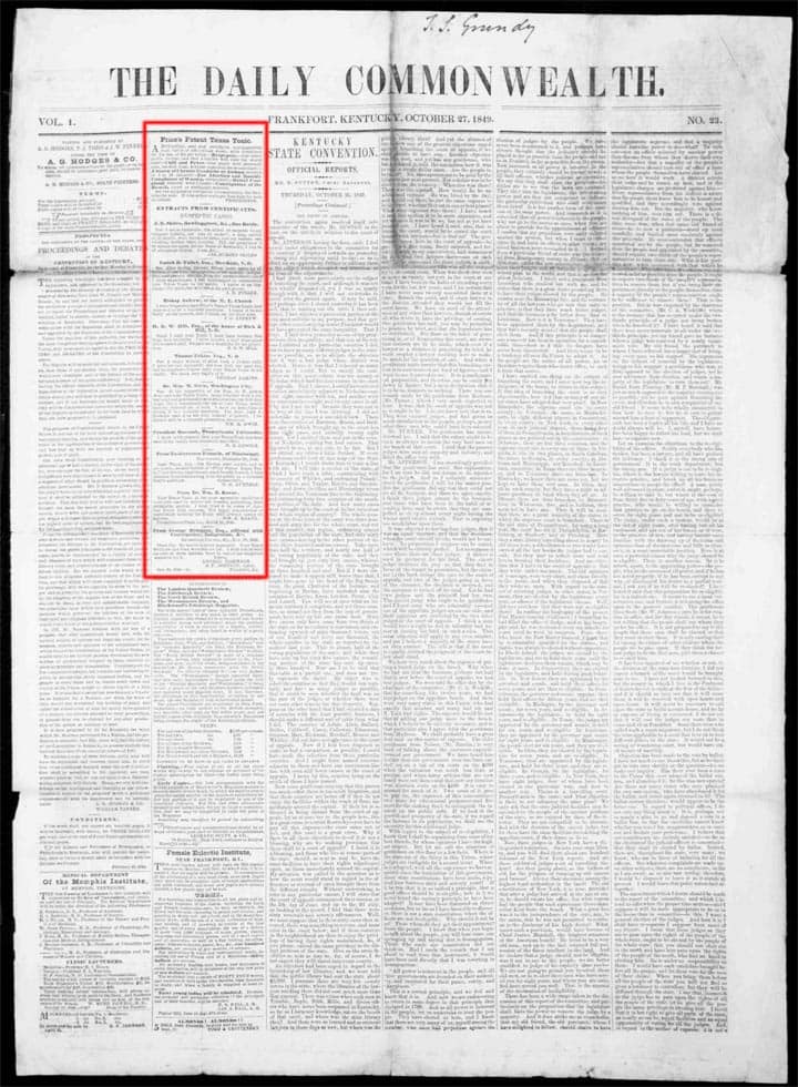 4 - Price Patent Texas Tonic - The Daily Commonwealth -  Frankfort KY - Oct 27 1849