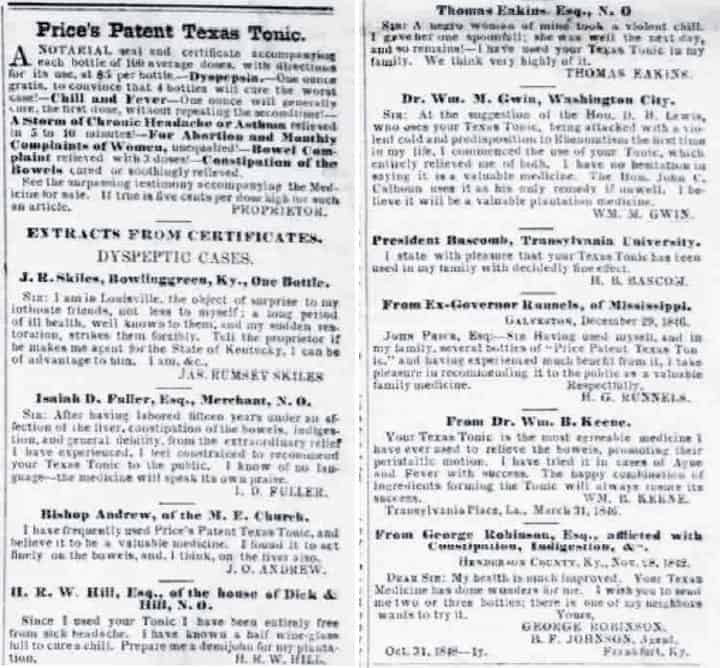 PricesPatentTexasTonic-TheDailyCommonwealth -  Frankfort KY - Oct 13 1849