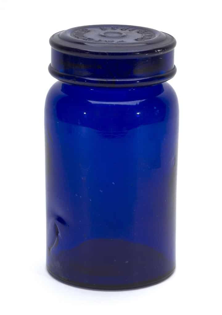 The only fruit jar in the auction is this cylindrical, deep cobalt blue example, the only one known in this color, circa 1858-1880 (est. $5,000-$10,000).