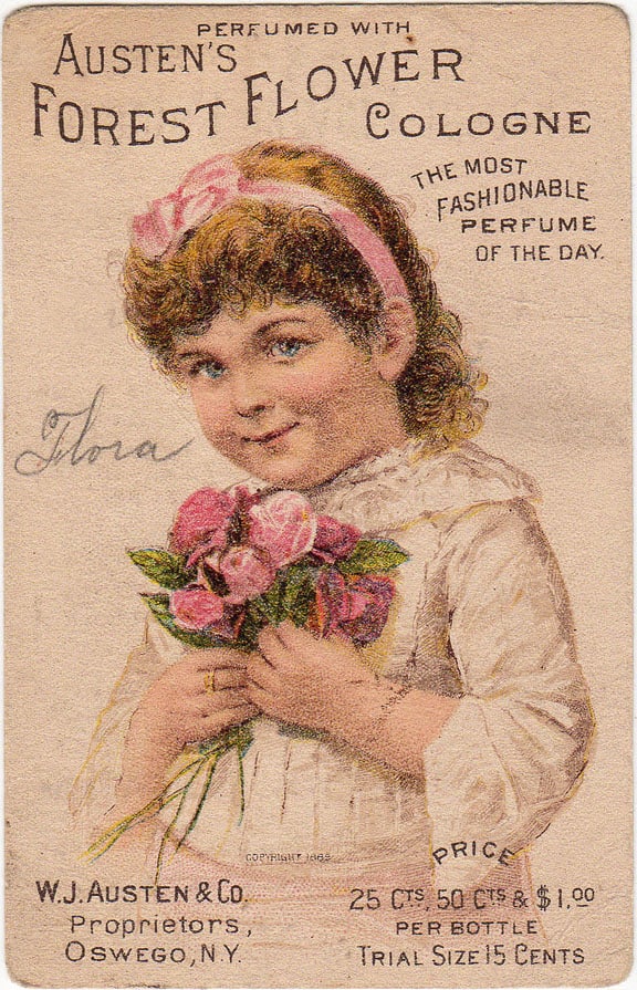 Advertising trade card, c. 1882. Austen's Forest Flower Cologne
